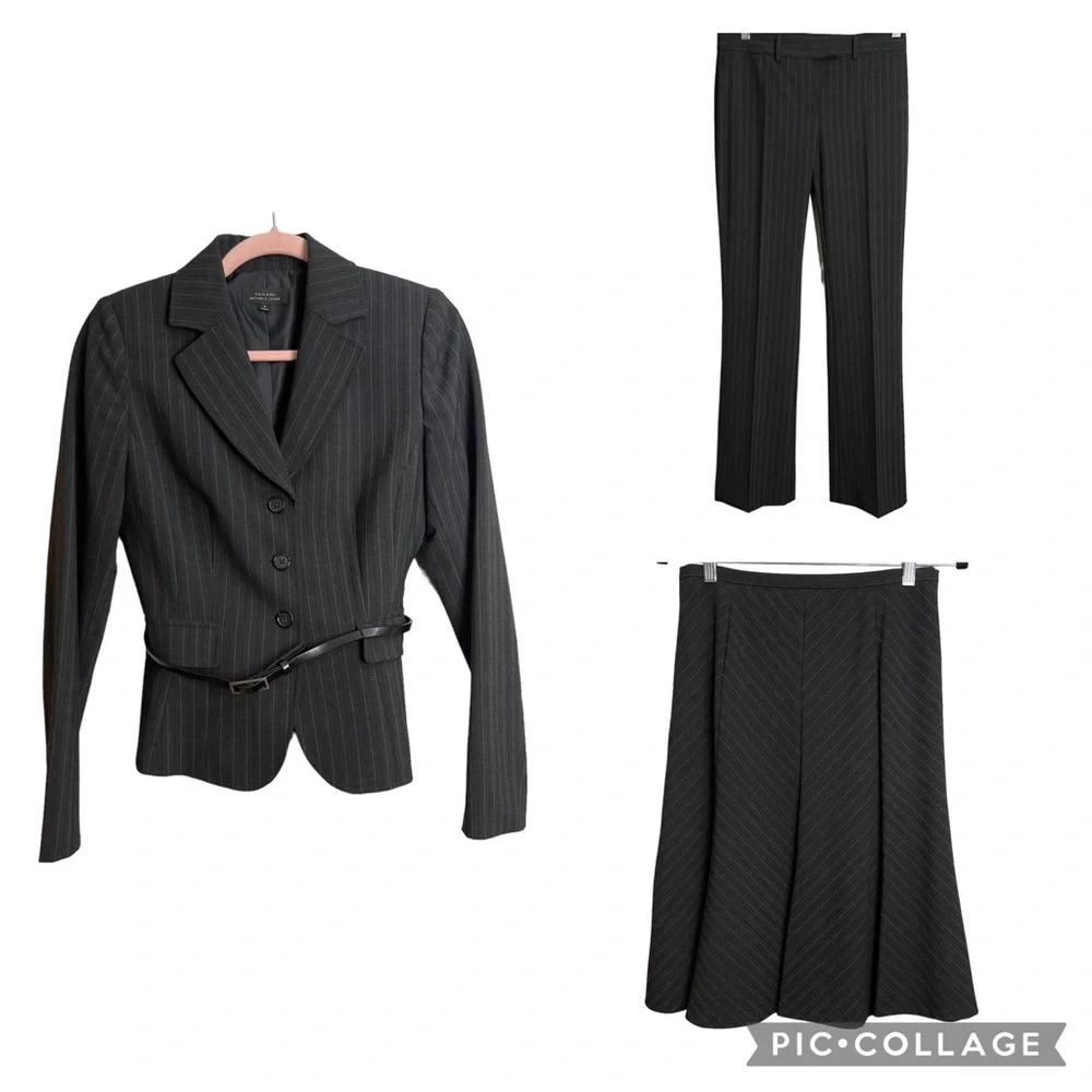 Tahari 3 Piece Gray Pinstripe Blazer, Skirt, and Pants Suit